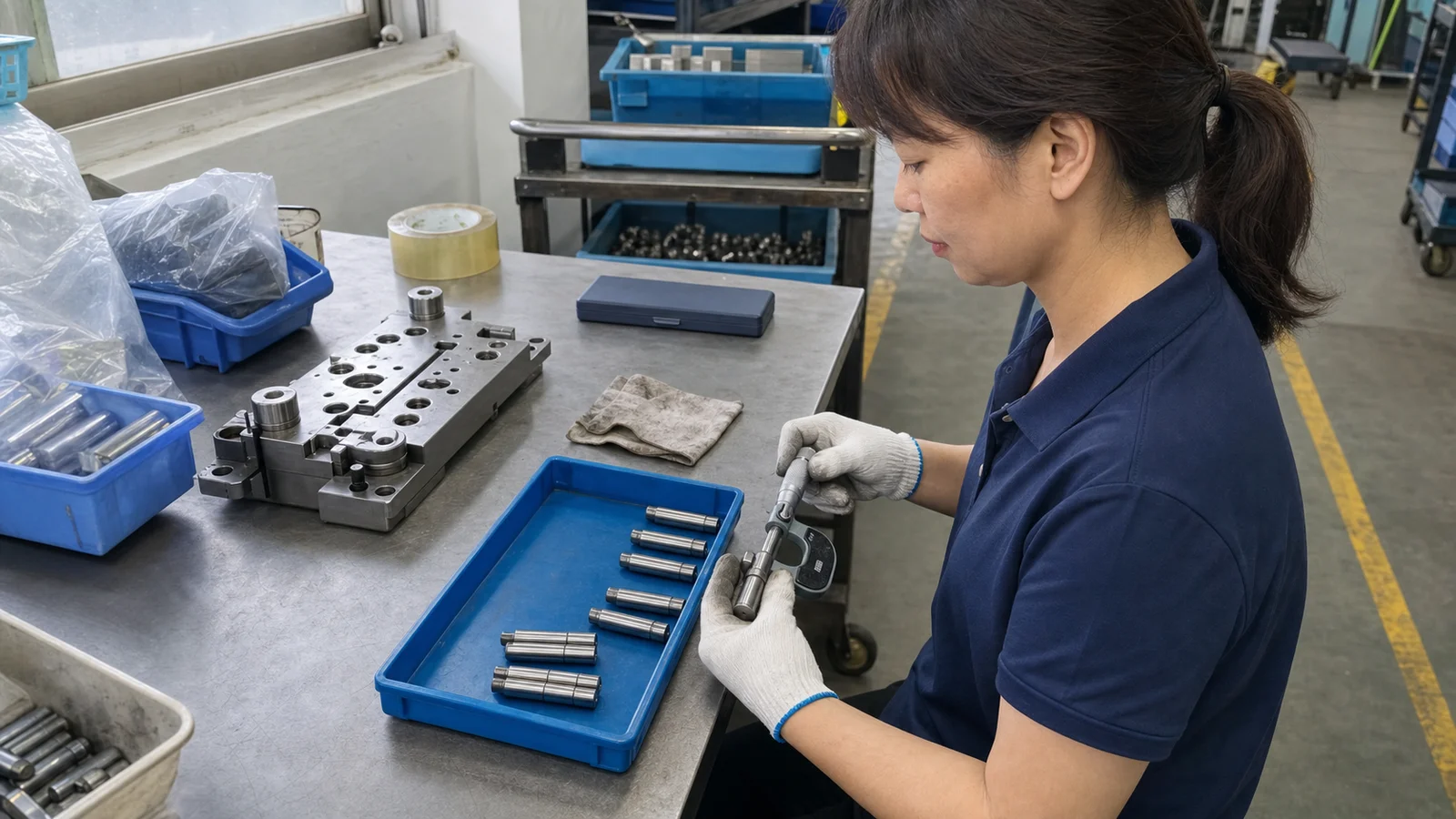质量检验员在工作台复测定位销并核对试装基准
