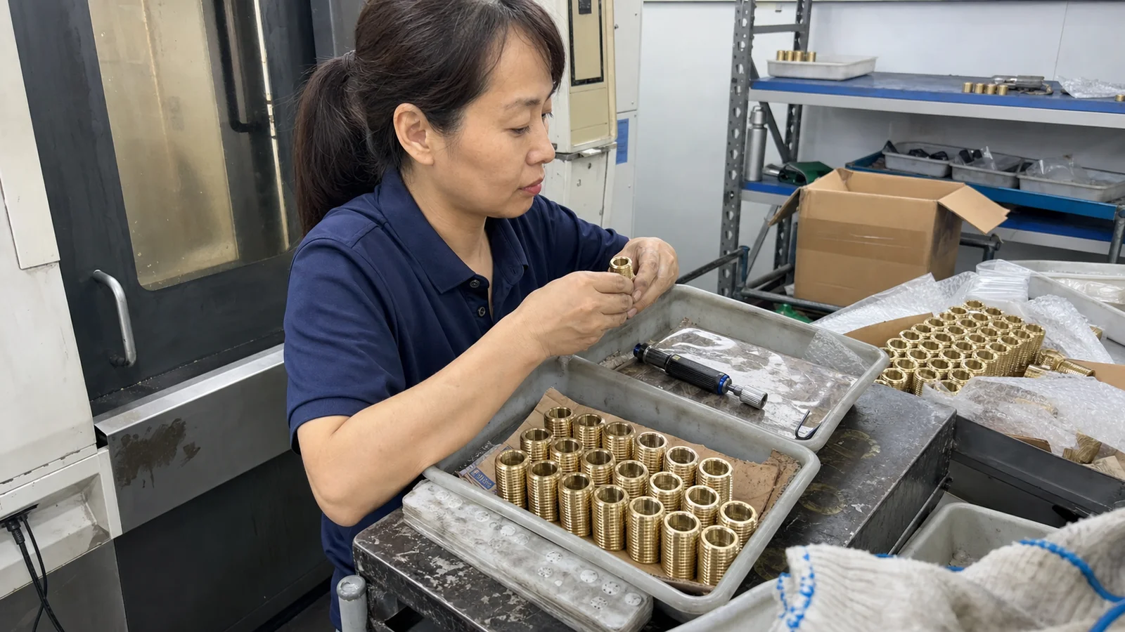 女性操作员在巡检台检查黄铜螺纹套和分区料盘