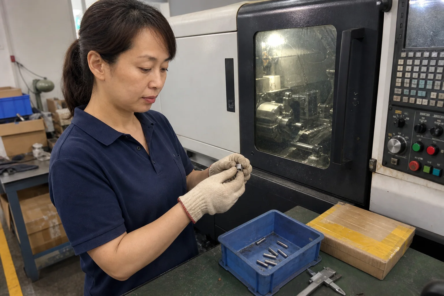 女性操作员在关闭机床旁核对45钢精密销轴与在制品料盘