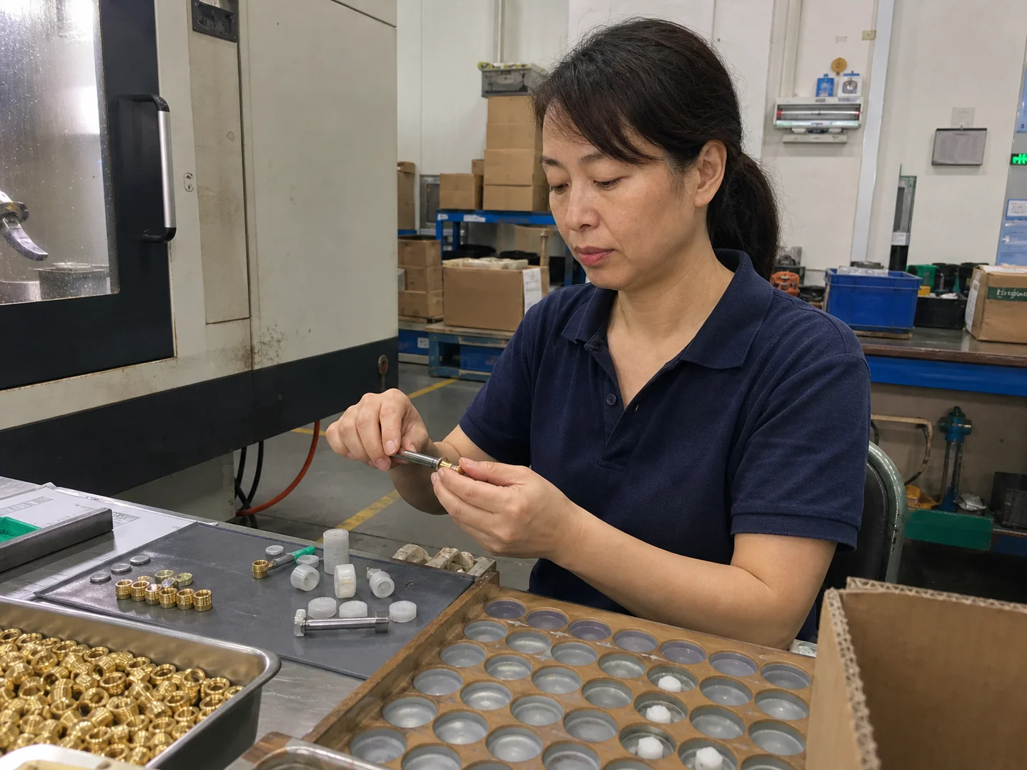 女性工艺技术员在工作台检查C3604滚花注塑铜螺母与塑胶试装件