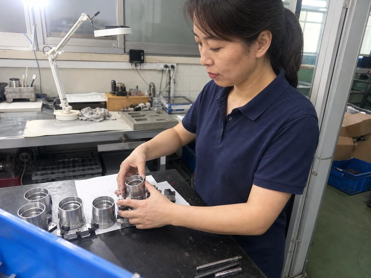 女性质量检验员在检验台核对7075铝合金薄壁套筒与软爪接触位置