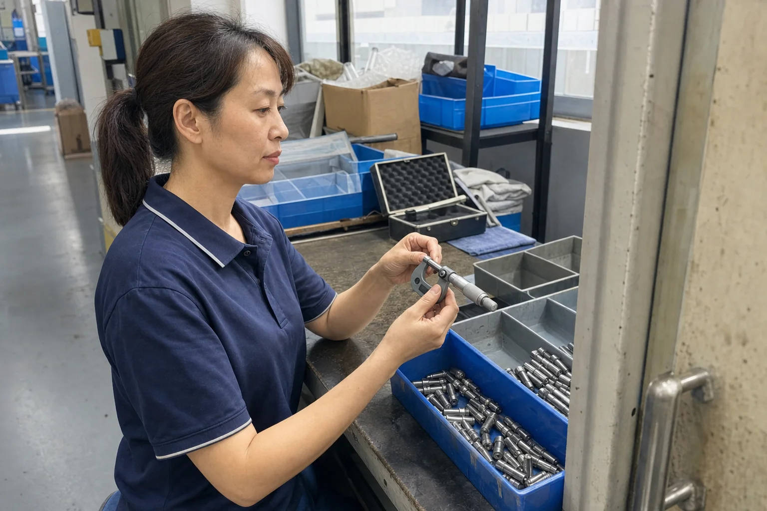 女性质量检验员在首件检验台分区检查SUS303定位销端面和外径