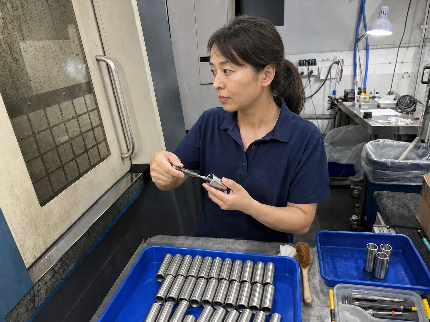女性质量检验员在清洗工位分区检查SUS316L传感器外壳内孔和切断端