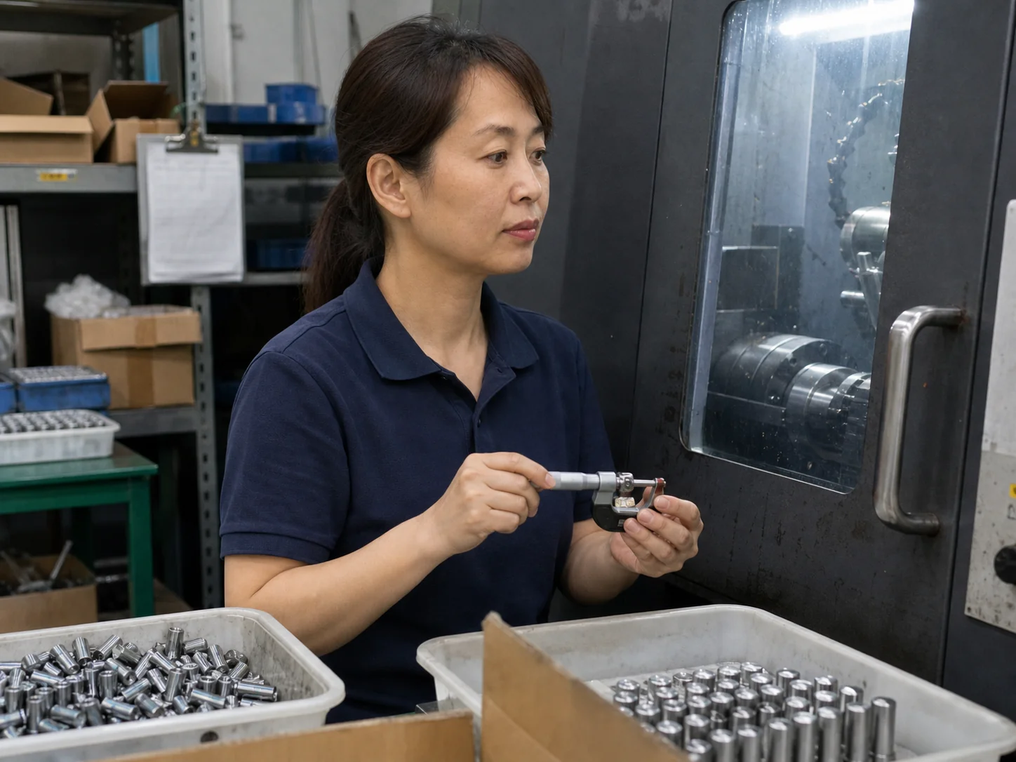 女性车间操作员在关闭机床旁用千分尺复测40Cr精密销轴外径