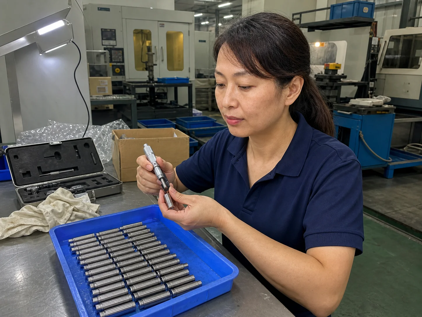 女性质量检验员在检验台检查45钢精密销轴端面和倒角