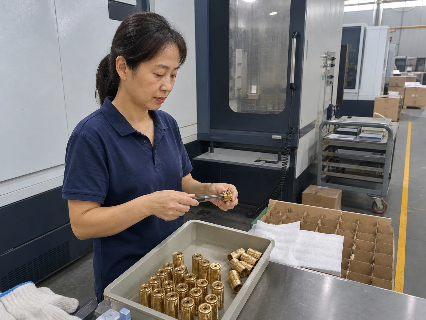 女性质量检验员在包装台用通止规检查H62黄铜螺纹套