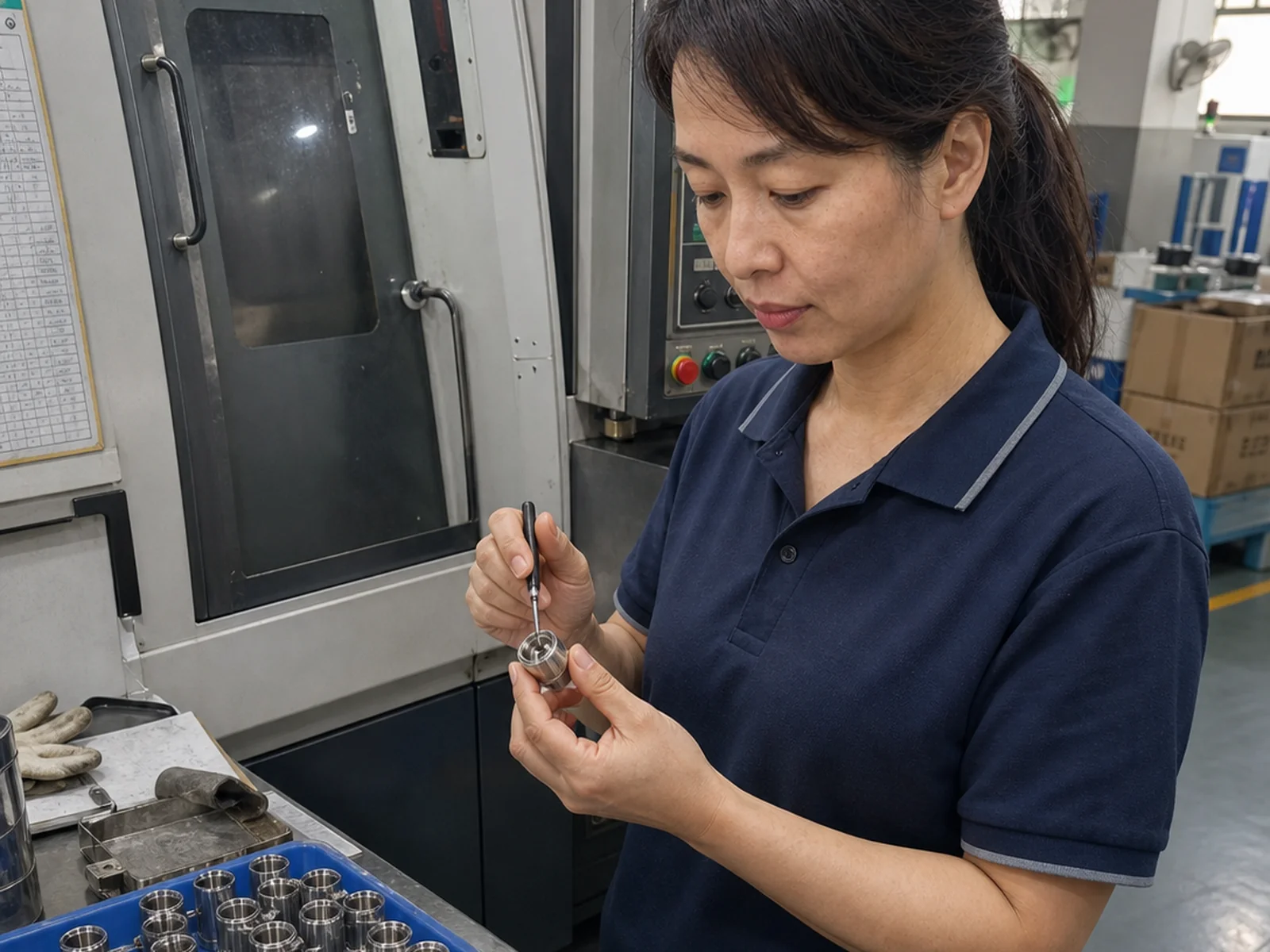 女性车间操作员在巡检台检查SUS316L传感器外壳内孔和切断端毛刺