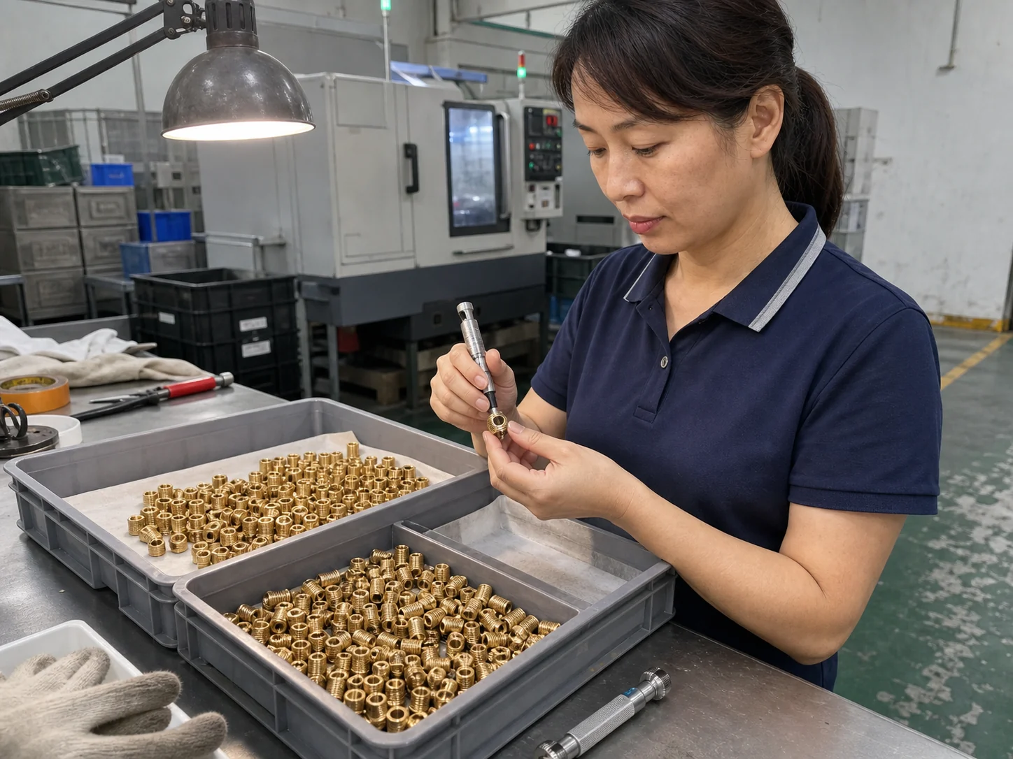 女性质量检验员在清洗工位放大检查C3604滚花铜螺母盲孔残屑