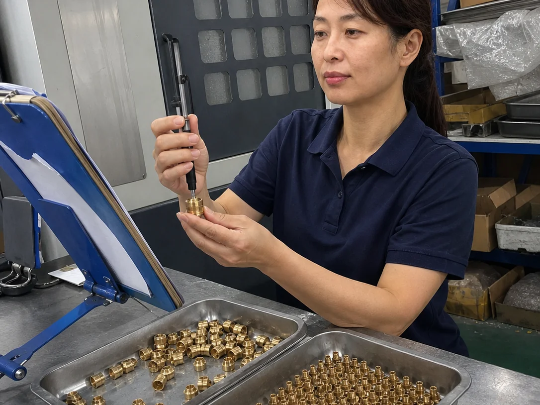 女性质量检验员在巡检台用通止规检查C3604黄铜螺纹套盲孔