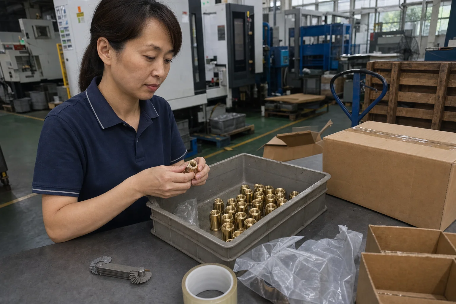 女性车间操作员在发货交接区分拣黄铜螺纹套并检查包装接触面