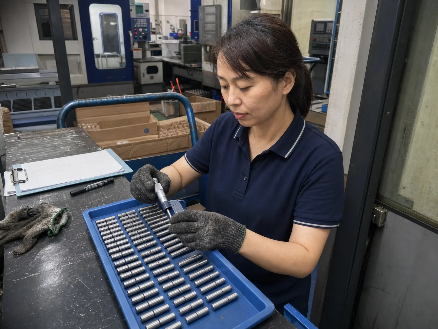 女性质量检验员在检验台用千分尺复测40Cr精密销轴外径