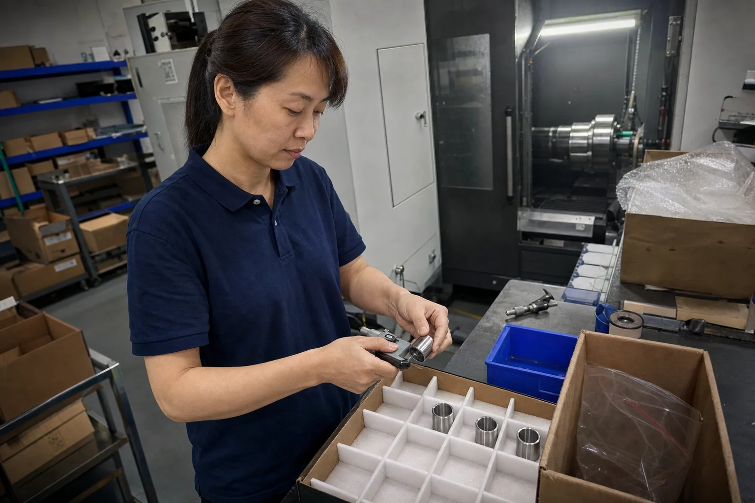 女性质量检验员在包装台把精密衬套首件与批量件分开放置
