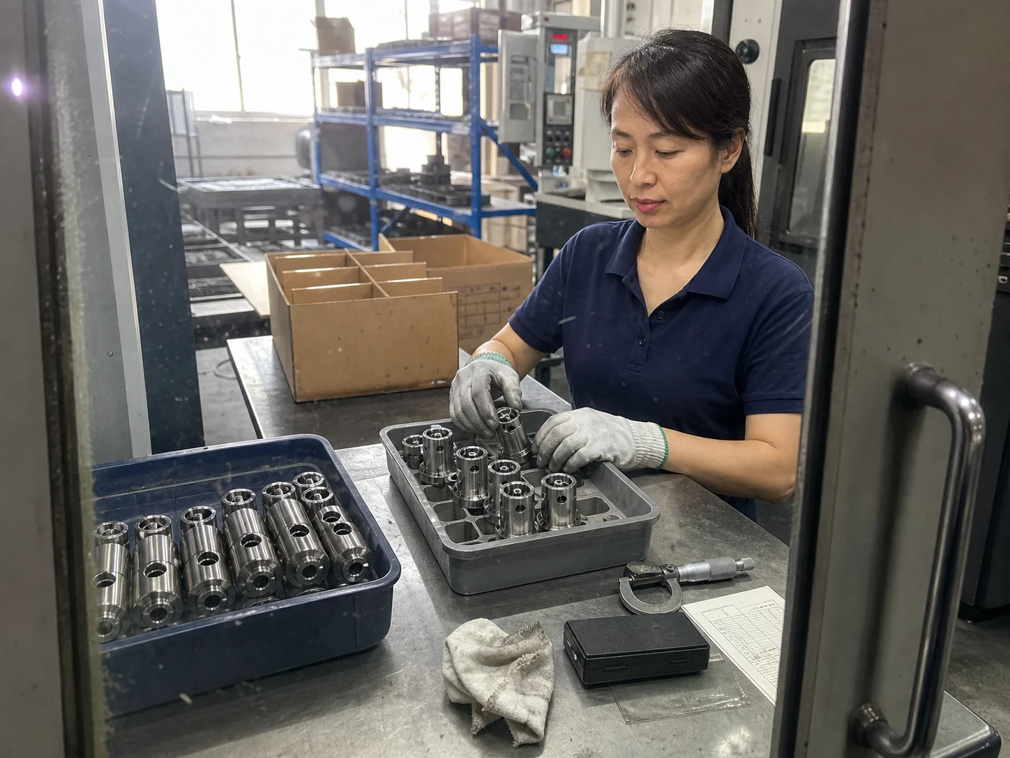 女性质量检验员在检验台把待清洗和已清洗的传感器外壳分区摆放