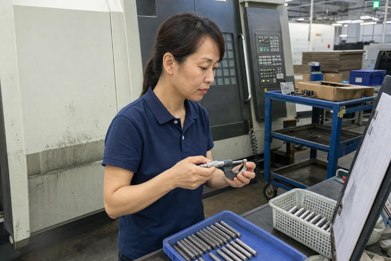 女性检验员在工作台用千分尺复测SUS303不锈钢定位销