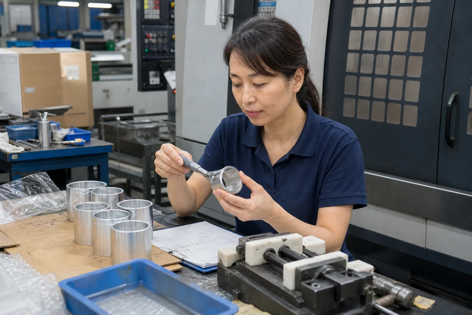 女性工艺技术员在图纸评审台复测7075铝合金精密套筒