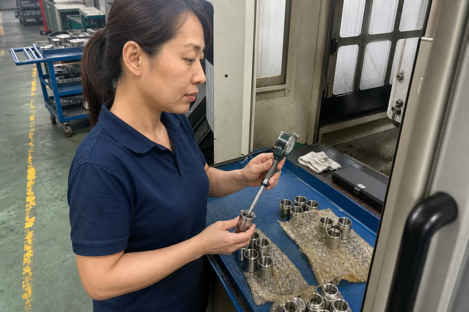 女性工艺技术员在检验台复测不锈钢精密衬套内孔