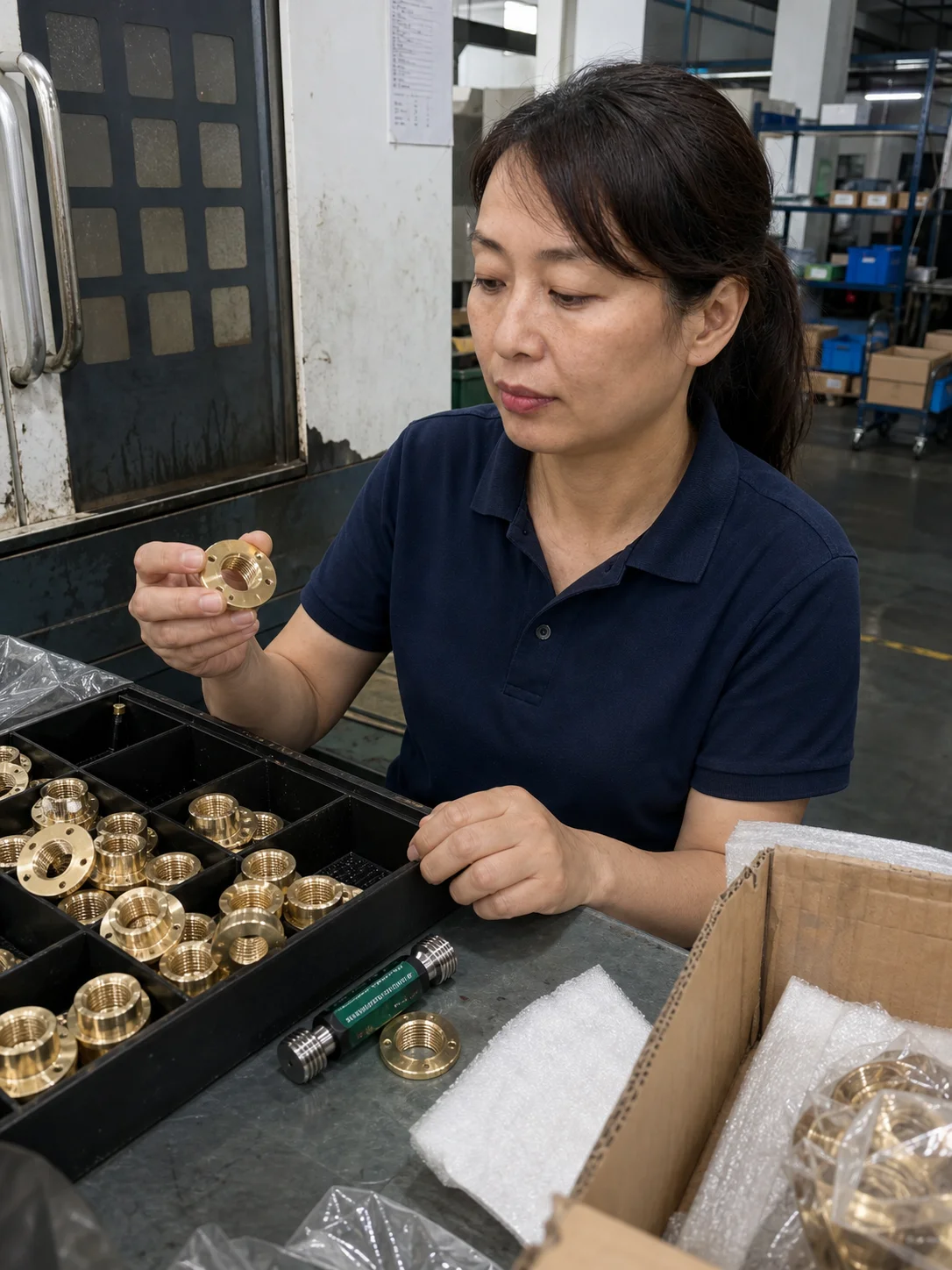 女性质量检验员在包装台用通止规检查法兰铜嵌件内螺纹