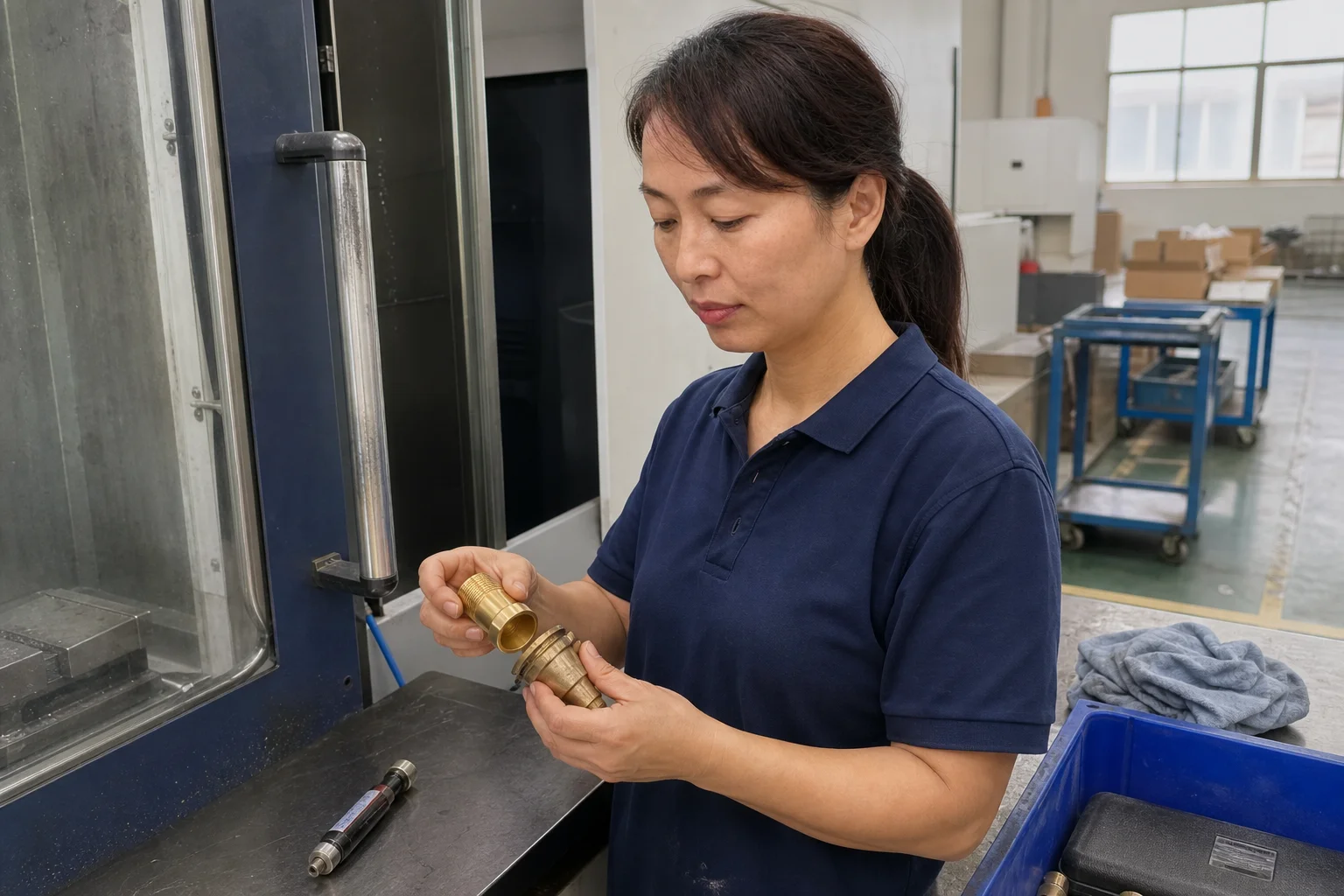 女性工艺技术员在工作台旁核对黄铜螺纹套与装配件的配合位置