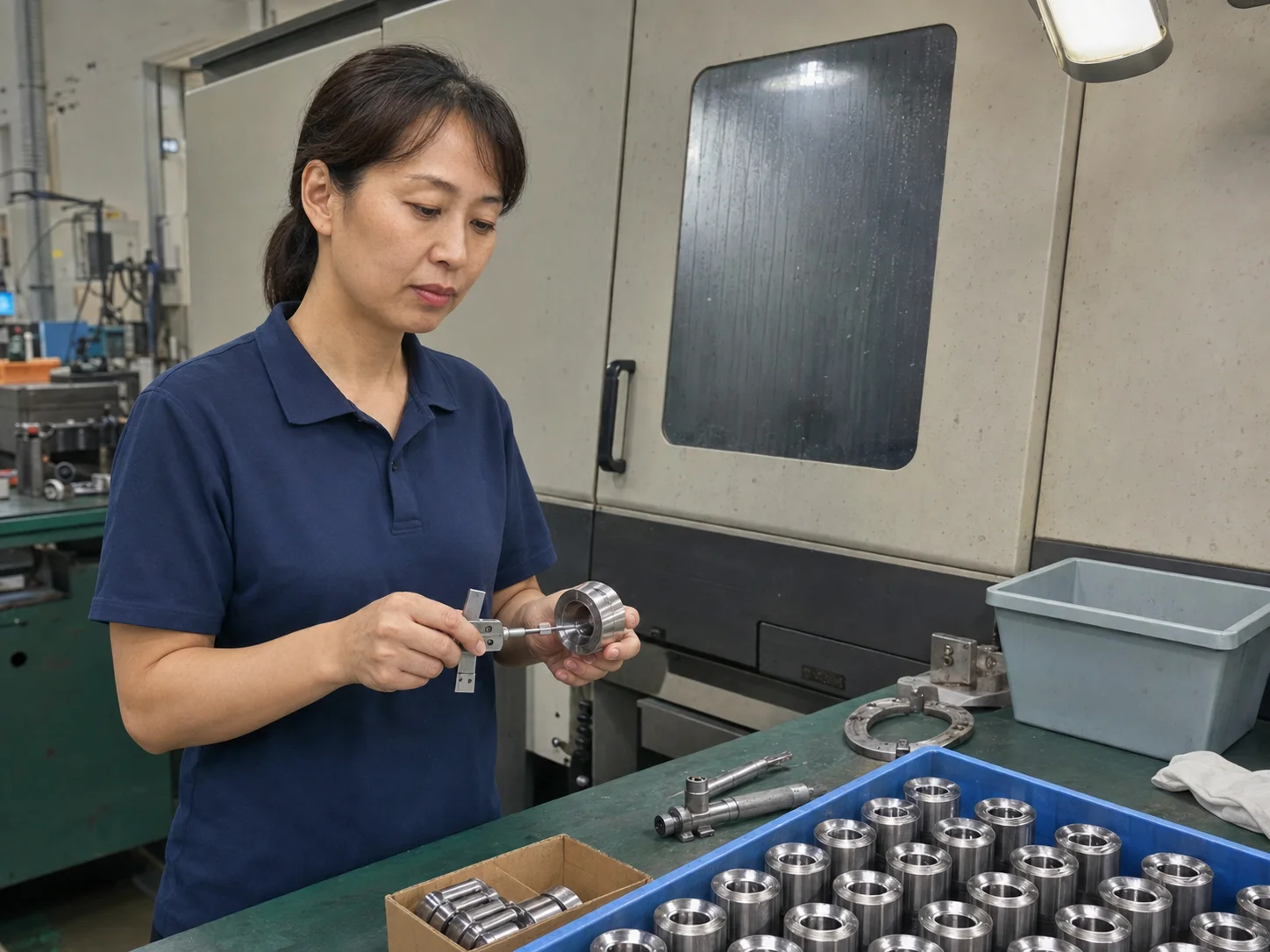 女性工艺技术员在安全门外检查不锈钢传感器外壳内孔和切断端